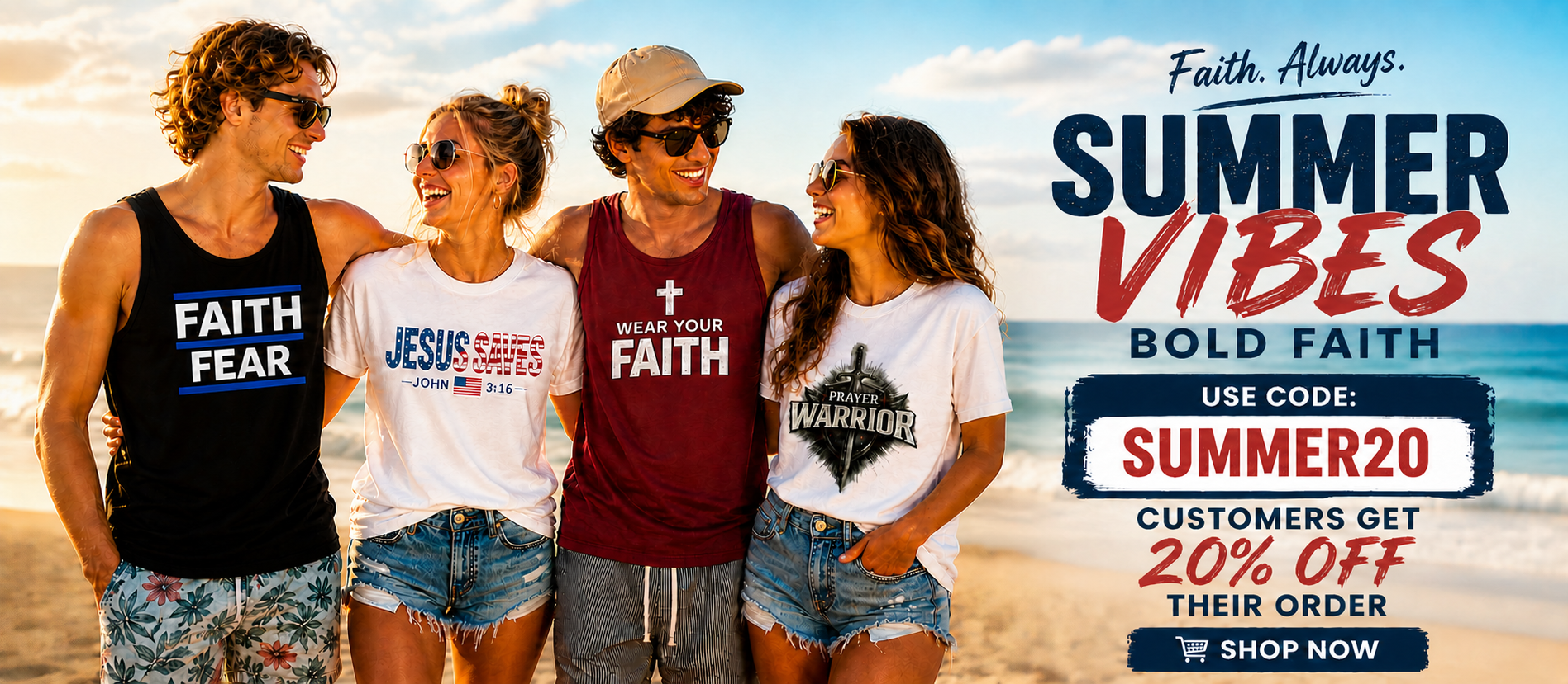 Four young adults standing together on a beach wearing graphic tank tops and t-shirts with faith-themed slogans, alongside promotional text for 'Summer Vibes' and a discount code.